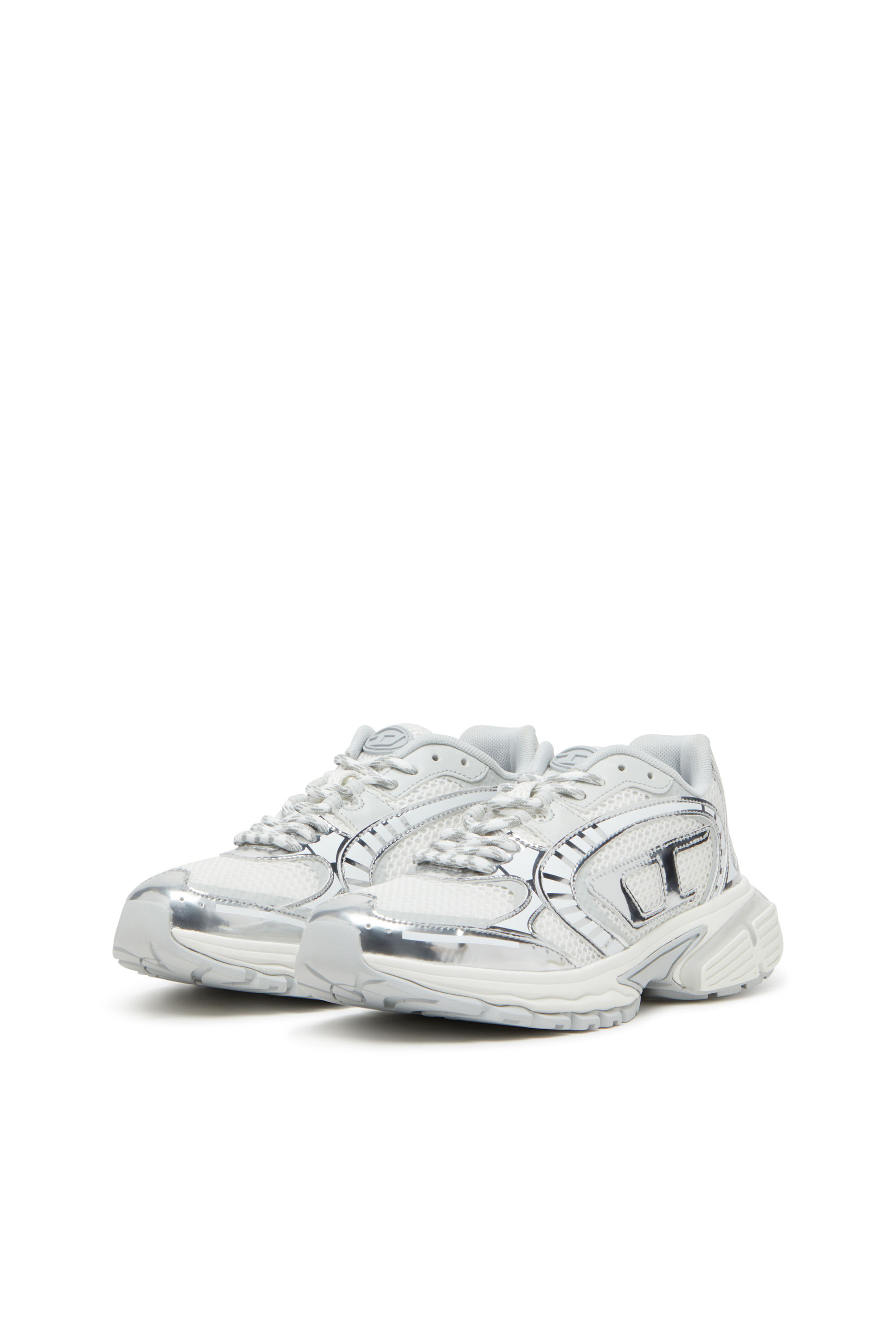 Diesel - S-PRO-V-DENSE LOW W, Woman's Metallic mesh sneakers with Oval D logo in White/Silver - 8