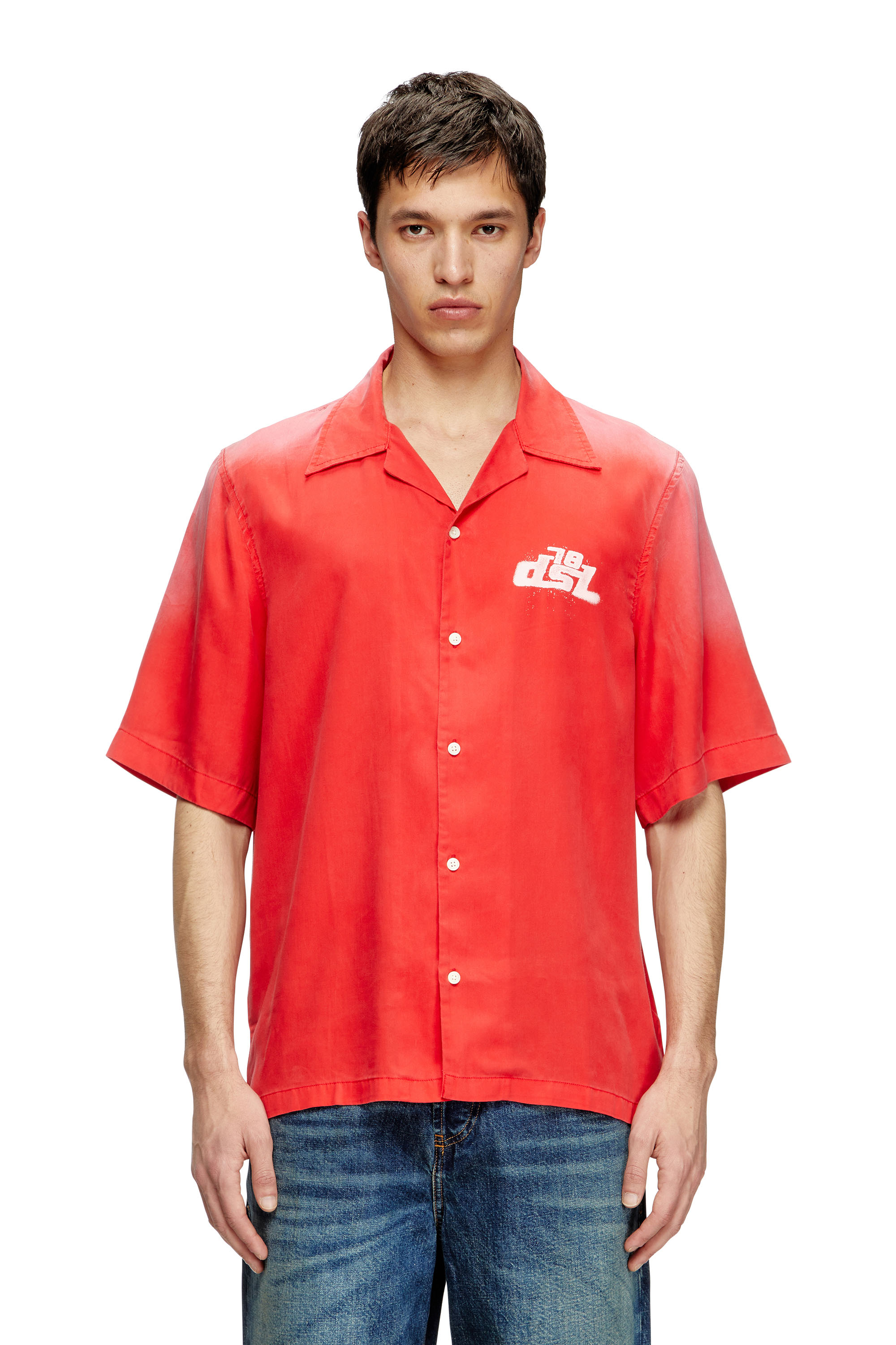 Diesel - S-ELLY, Man's Faded bowling shirt with logo prints in Red - 1